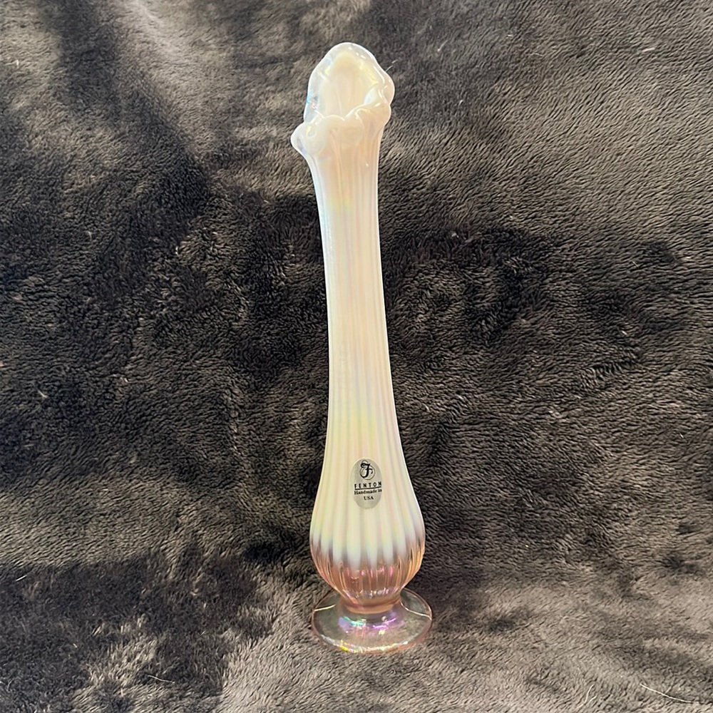 Fenton pink iridescent / opalescent bud vase with sticker, approx 8 1/2”